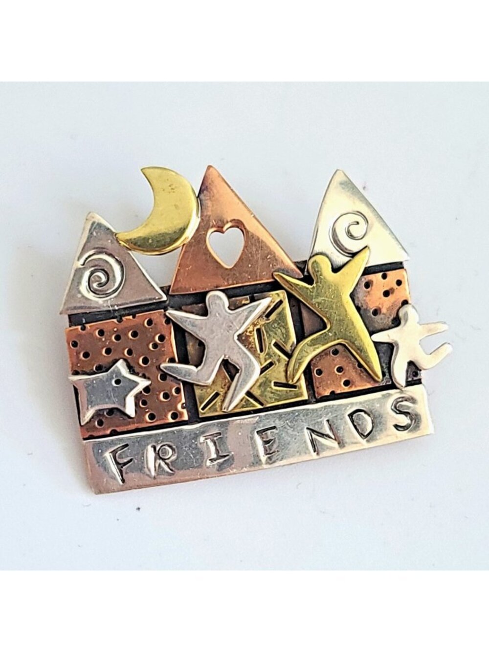 Far Fetched Friends Mixed Metals Artisan Brooch Pin Copper Brass Sterling People